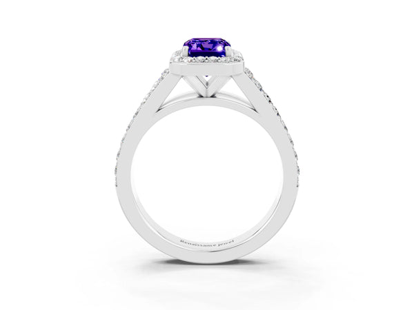 White gold Emerald Cut Tanzanite Split Shank Halo Ring with Four-Prong Setting