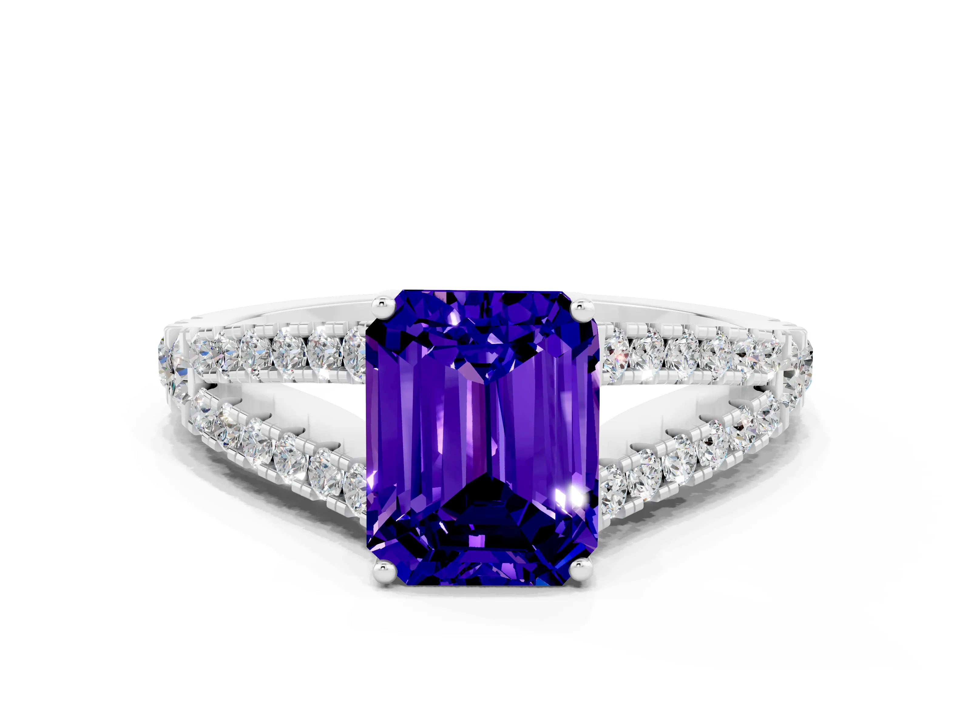 White gold Emerald Cut Tanzanite Split Shank Pavé Engagement Ring with Four-Prong Setting_30