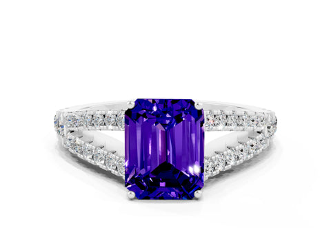 White gold Emerald Cut Tanzanite Split Shank Pavé Engagement Ring with Four-Prong Setting_30