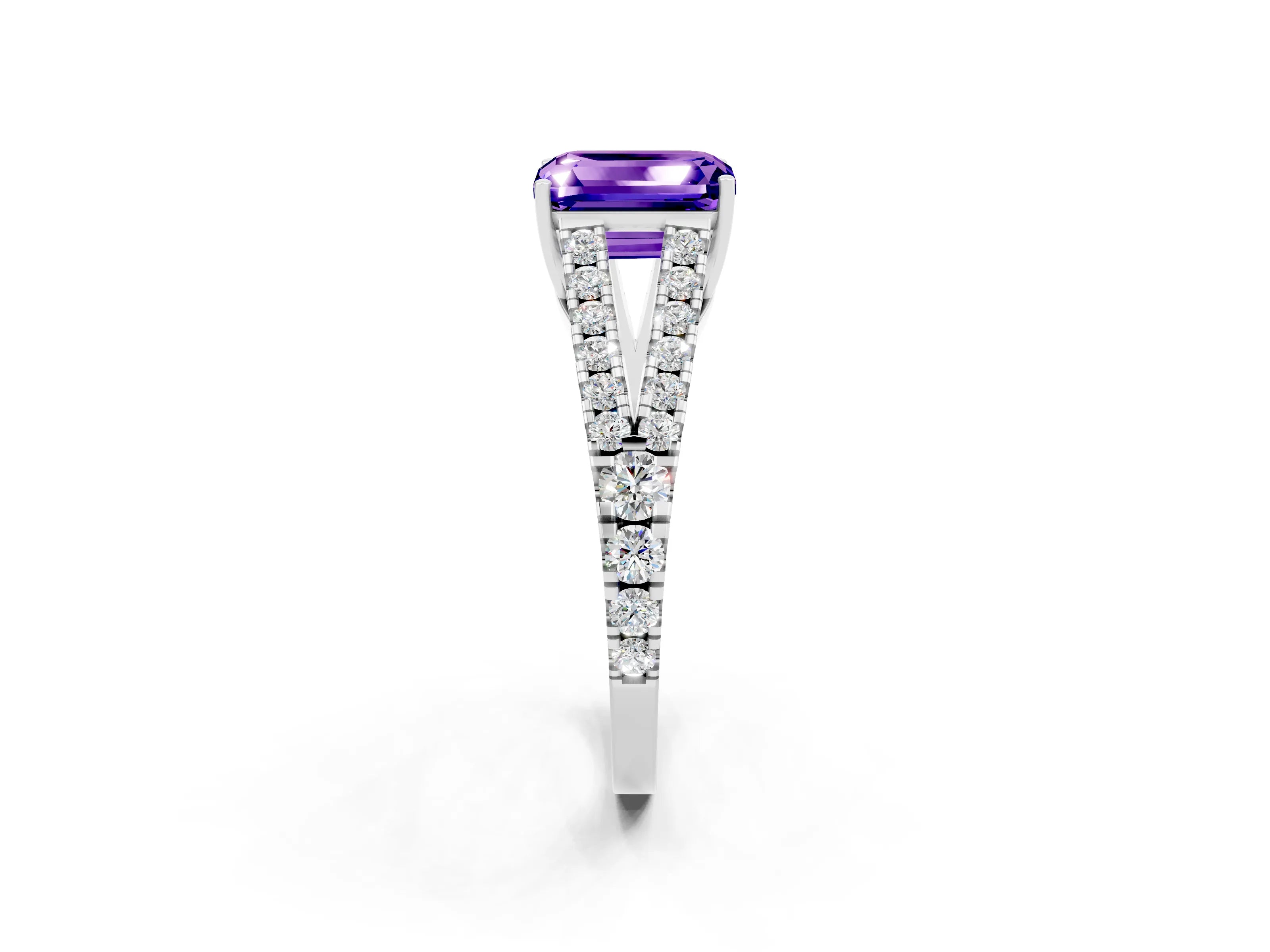 White gold Emerald Cut Tanzanite Split Shank Pavé Engagement Ring with Four-Prong Setting_32