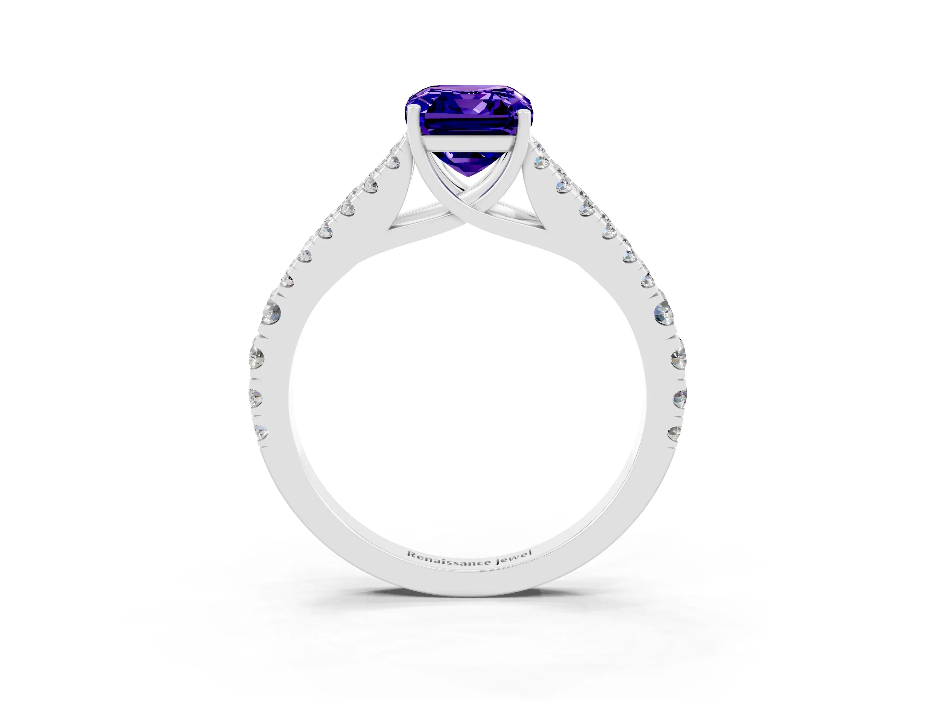 White gold Emerald Cut Tanzanite Split Shank Pavé Engagement Ring with Four-Prong Setting_33