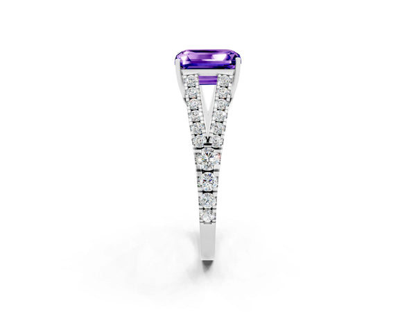 Platinum Emerald Cut Tanzanite Split Shank Pavé Engagement Ring with Four-Prong Setting