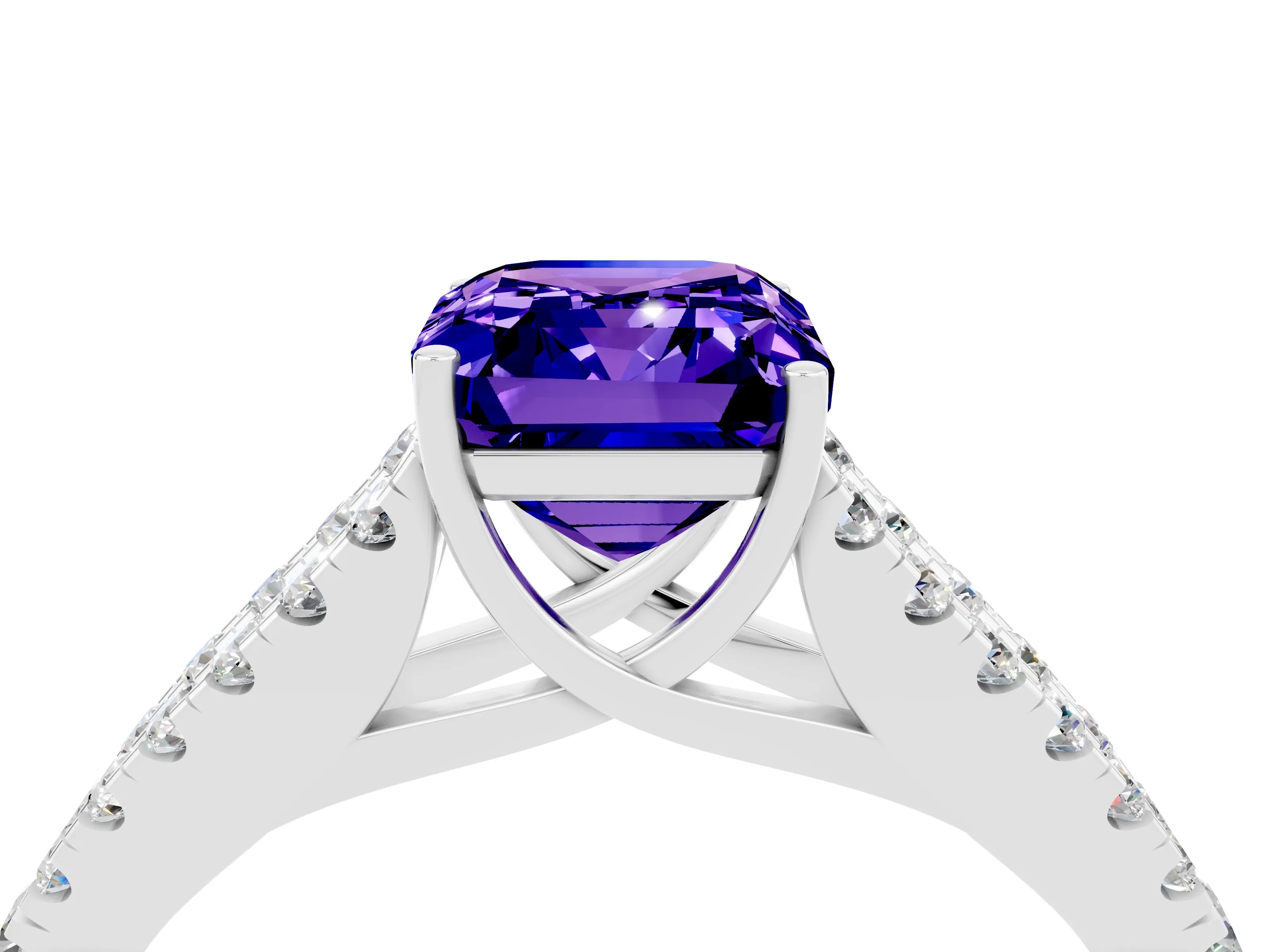 White gold Emerald Cut Tanzanite Split Shank Pavé Engagement Ring with Four-Prong Setting_38