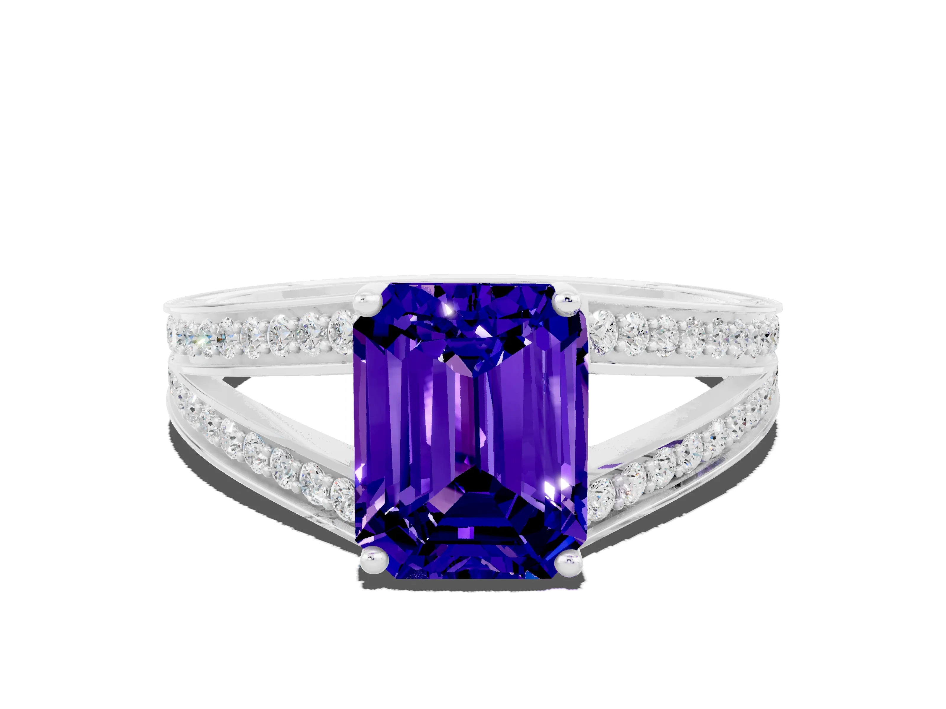 White gold Emerald Cut Tanzanite Split Shank Ring with Pavé Band and Four-Prong Setting