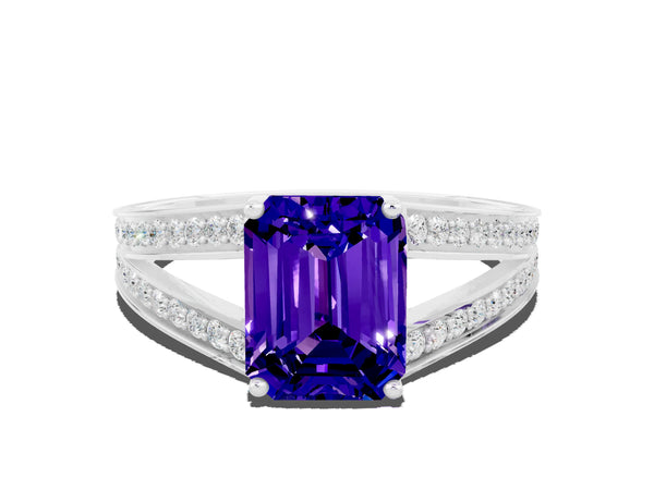 White gold Emerald Cut Tanzanite Split Shank Ring with Pavé Band and Four-Prong Setting