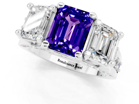 White gold Emerald Cut Tanzanite Three-Stone Ring with Channel Set Band and Four-Prong Setting_1