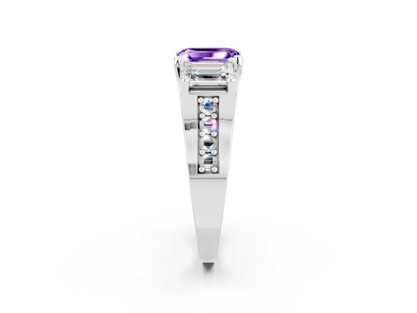 Platinum Emerald Cut Tanzanite Three-Stone Ring with Channel Set Band and Four-Prong Setting
