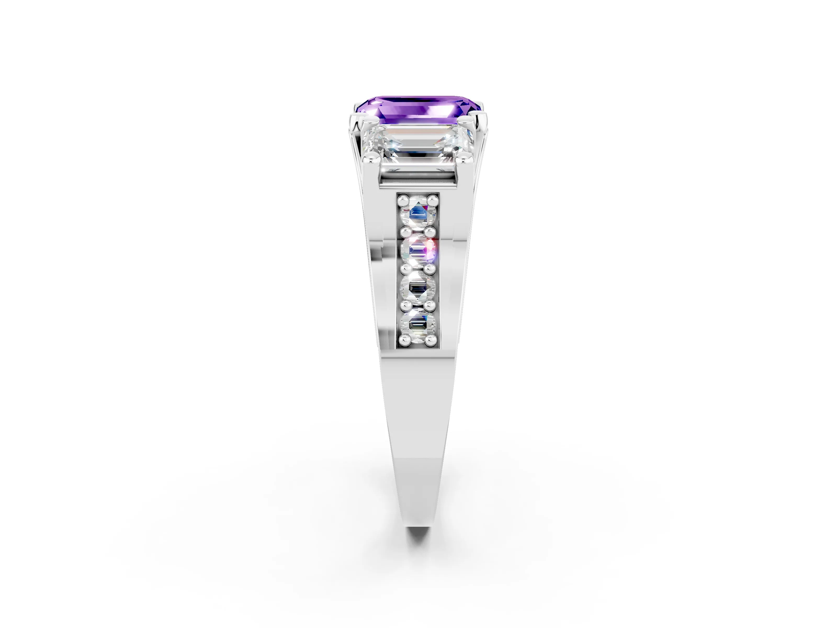White gold Emerald Cut Tanzanite Three-Stone Ring with Channel Set Band and Four-Prong Setting_2