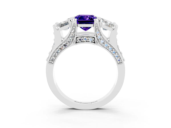 White gold Emerald Cut Tanzanite Three-Stone Ring with Channel Set Band and Four-Prong Setting