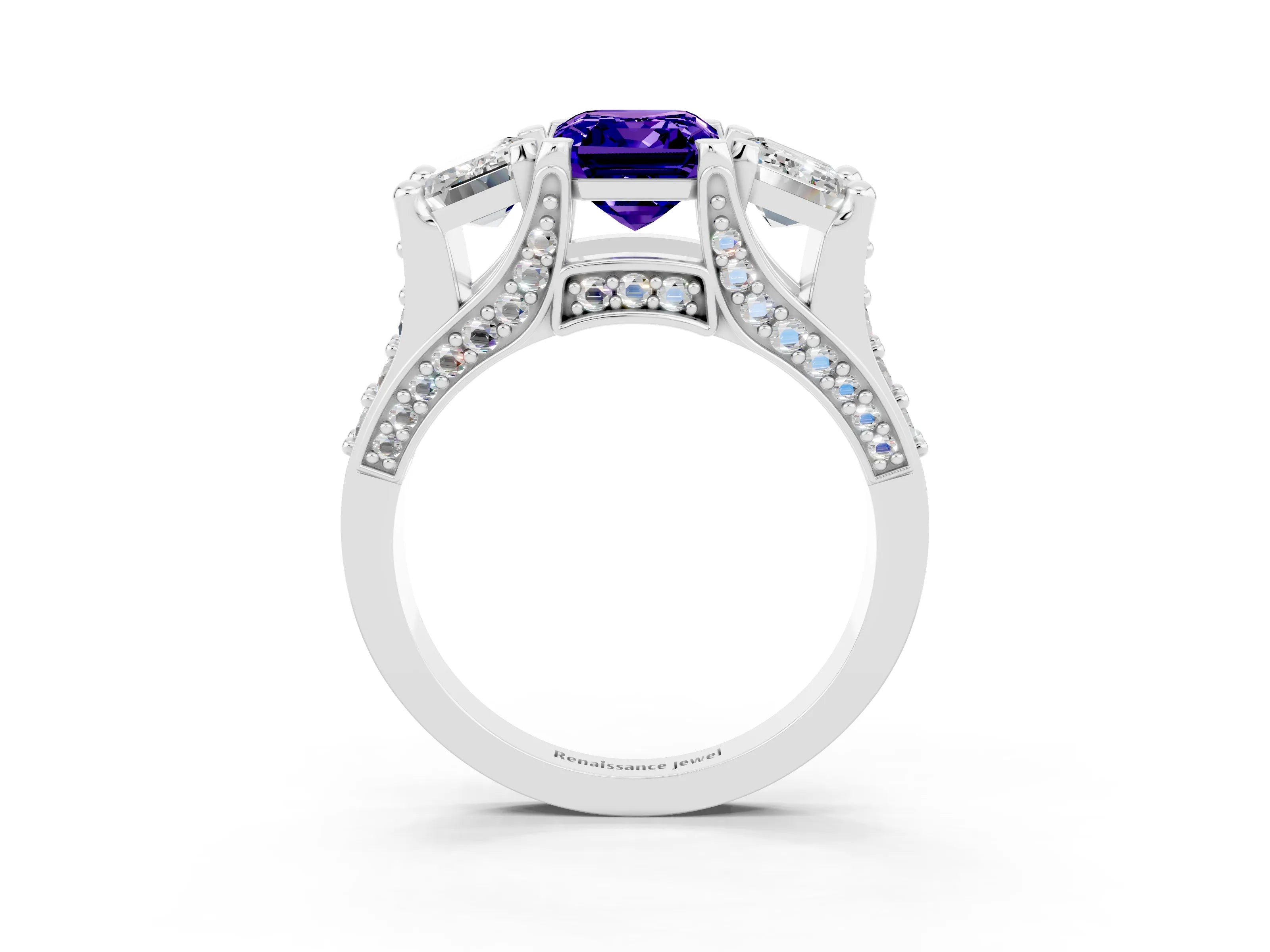 White gold Emerald Cut Tanzanite Three-Stone Ring with Channel Set Band and Four-Prong Setting_3