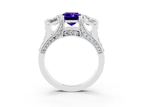 White gold Emerald Cut Tanzanite Three-Stone Ring with Channel Set Band and Four-Prong Setting_3