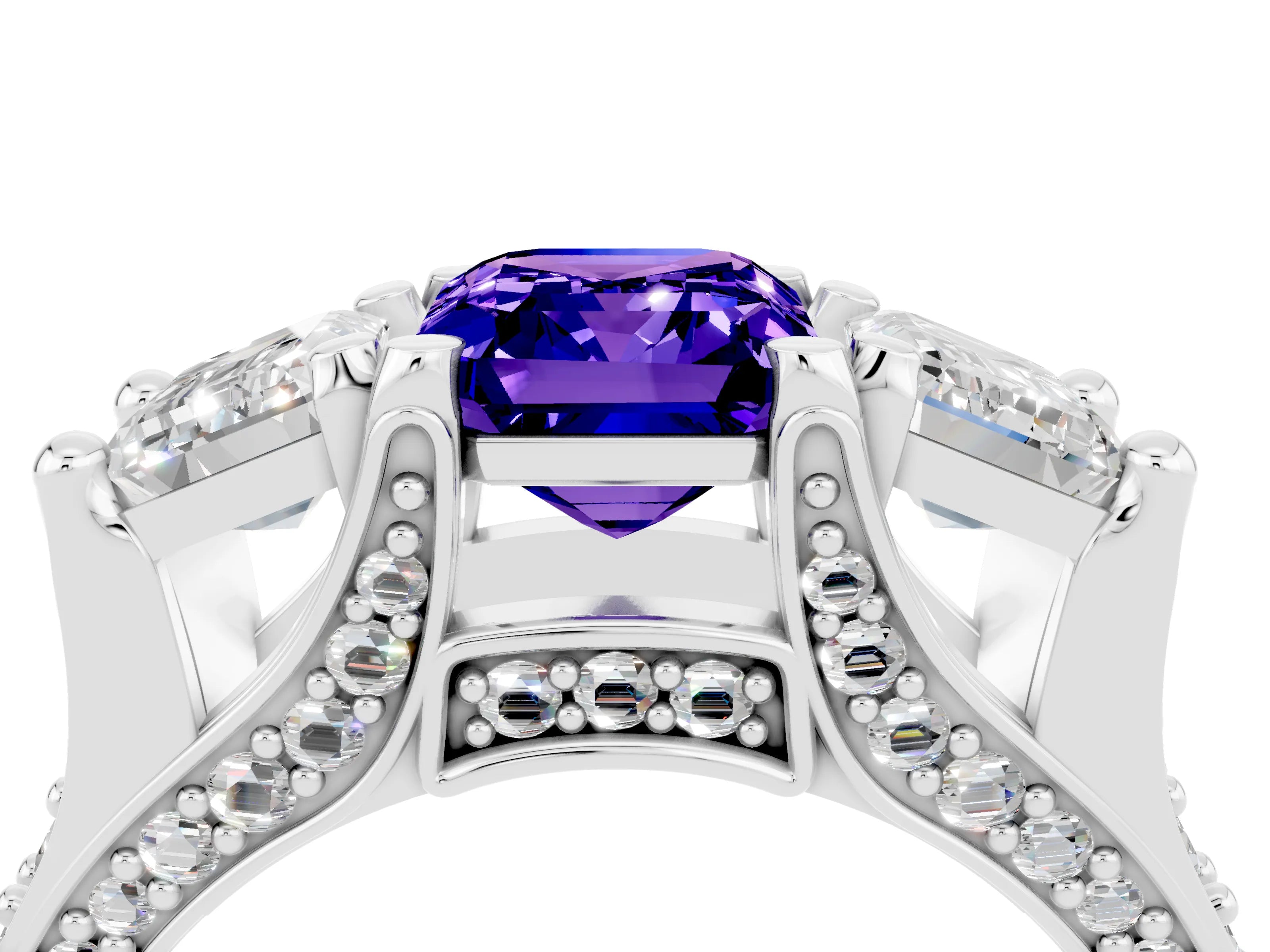 White gold Emerald Cut Tanzanite Three-Stone Ring with Channel Set Band and Four-Prong Setting_4