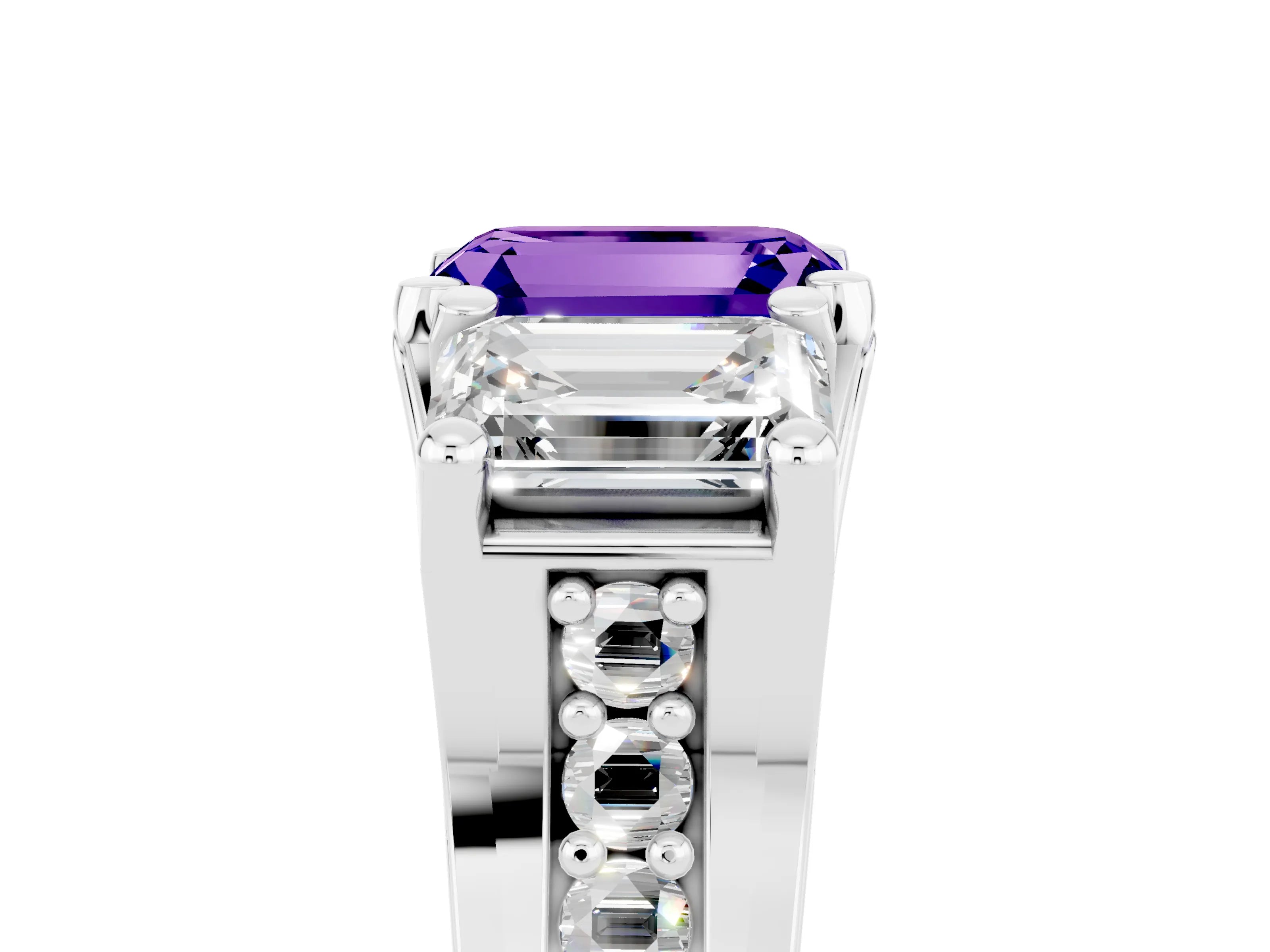 White gold Emerald Cut Tanzanite Three-Stone Ring with Channel Set Band and Four-Prong Setting_5