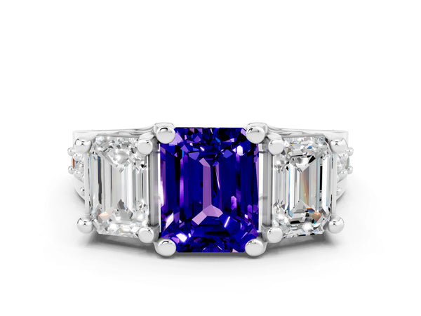 Silver Emerald Cut Tanzanite Three-Stone Ring with Channel Set Band and Four-Prong Setting