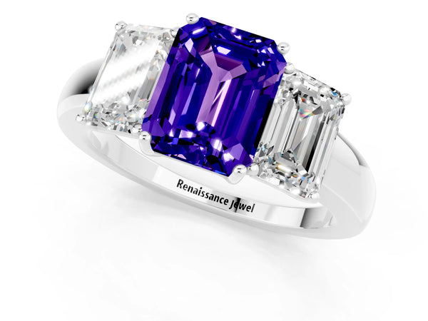 Platinum Emerald Cut Tanzanite Three-Stone Ring with Four-Prong Setting and Classic Band