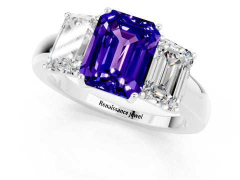 White gold Emerald Cut Tanzanite Three-Stone Ring with Four-Prong Setting and Classic Band_1
