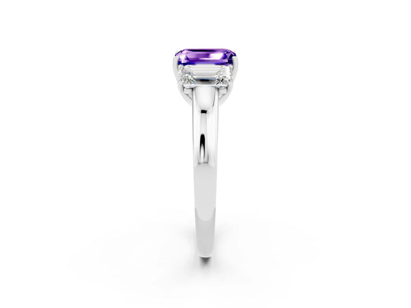 Platinum Emerald Cut Tanzanite Three-Stone Ring with Four-Prong Setting and Classic Band