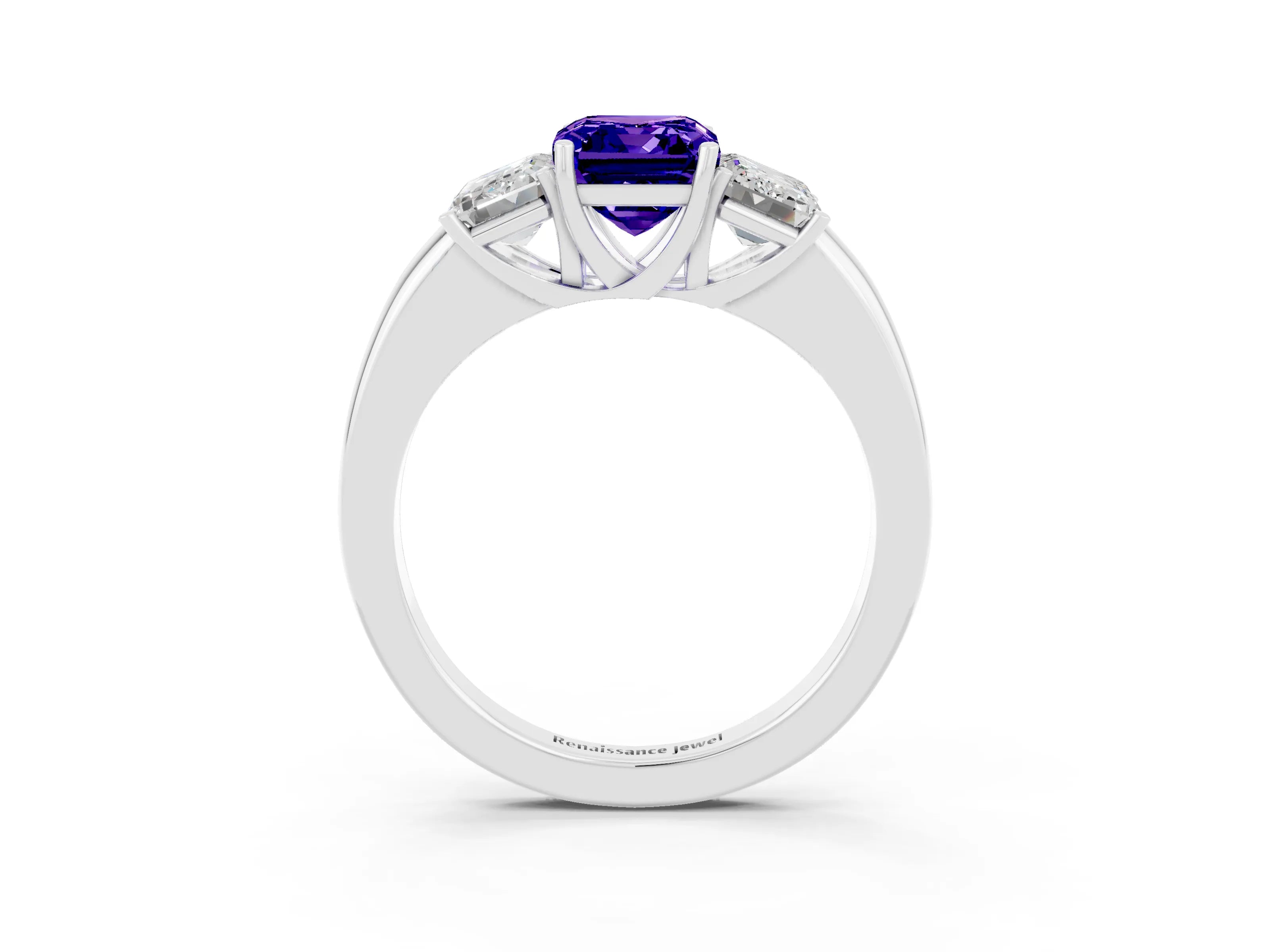 White gold Emerald Cut Tanzanite Three-Stone Ring with Four-Prong Setting and Classic Band_3