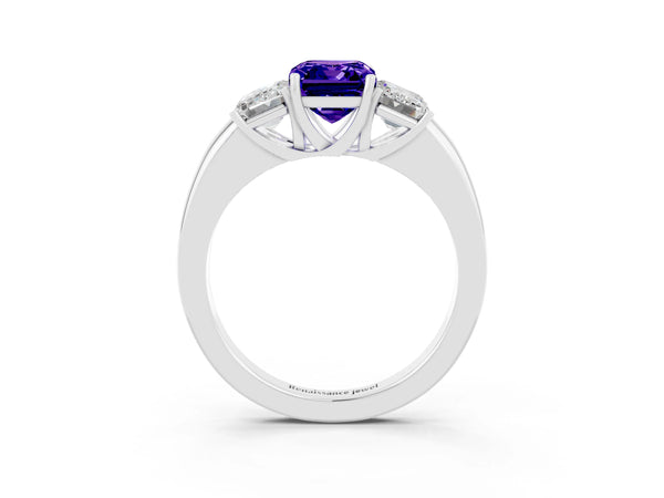 Silver Emerald Cut Tanzanite Three-Stone Ring with Four-Prong Setting and Classic Band