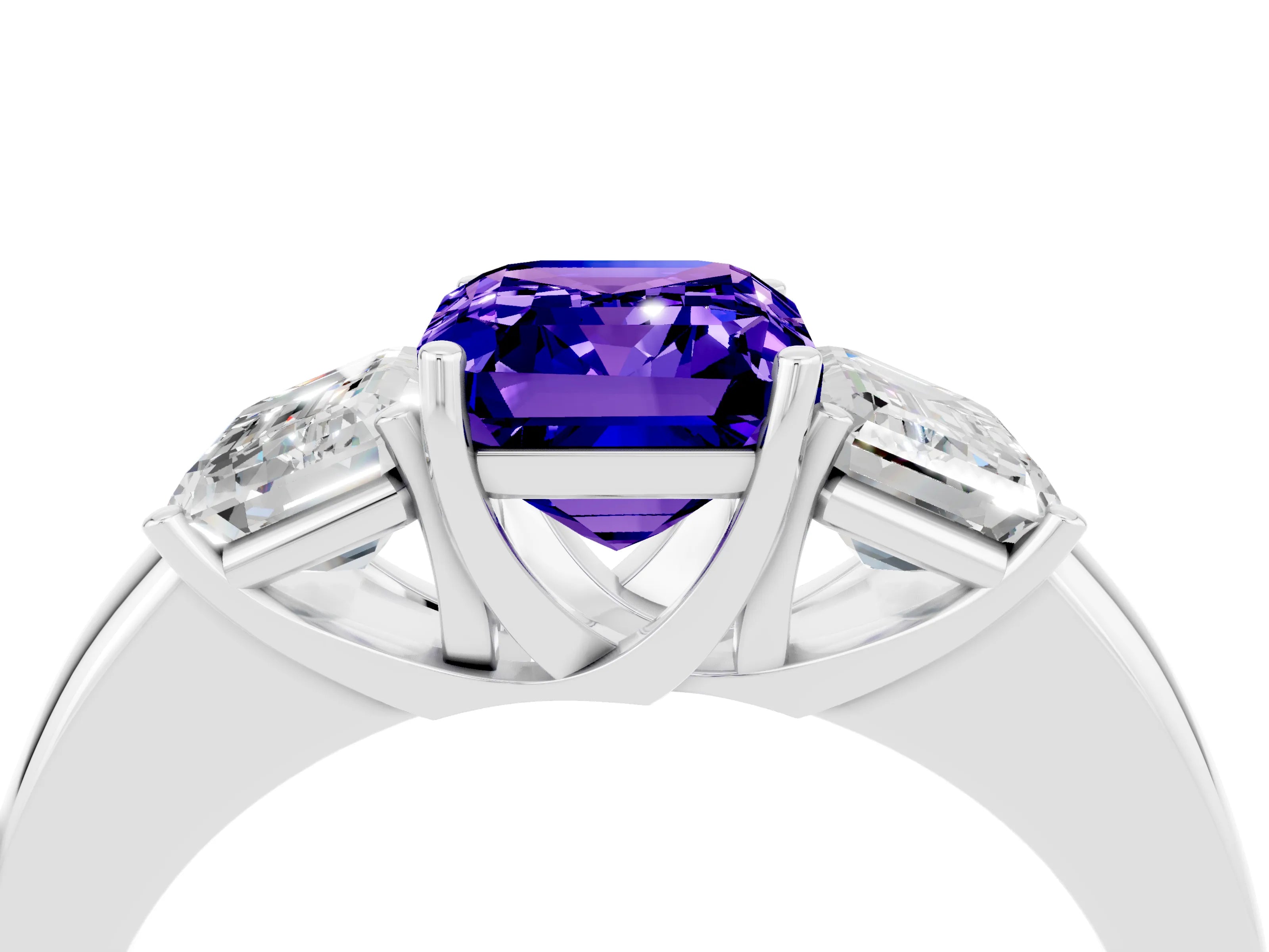 White gold Emerald Cut Tanzanite Three-Stone Ring with Four-Prong Setting and Classic Band_4