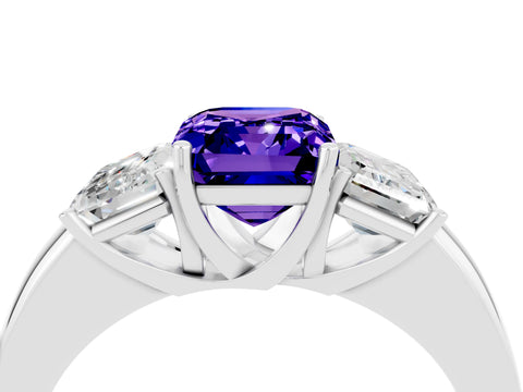 White gold Emerald Cut Tanzanite Three-Stone Ring with Four-Prong Setting and Classic Band_4