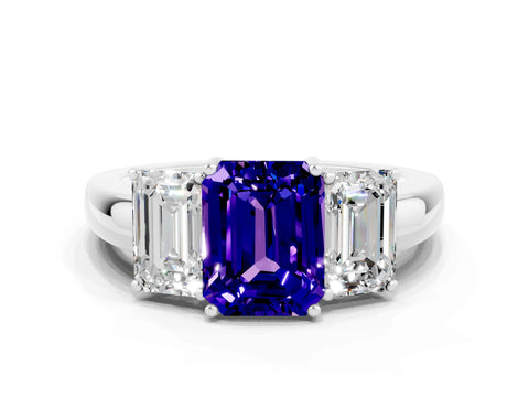 White gold Emerald Cut Tanzanite Three-Stone Ring with Four-Prong Setting and Classic Band
