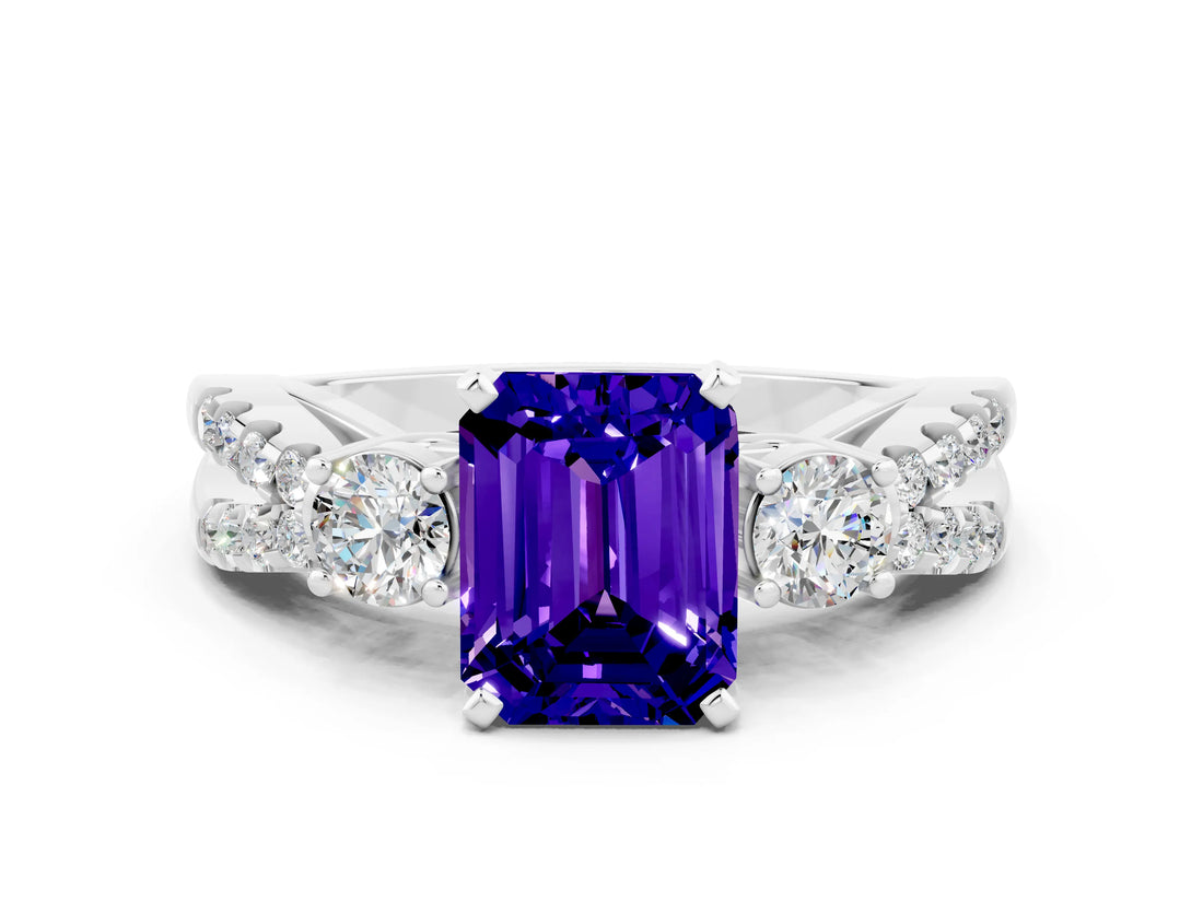 White gold Emerald Cut Tanzanite Three-Stone Ring with Pavé Split Shank and Four-Prong Setting