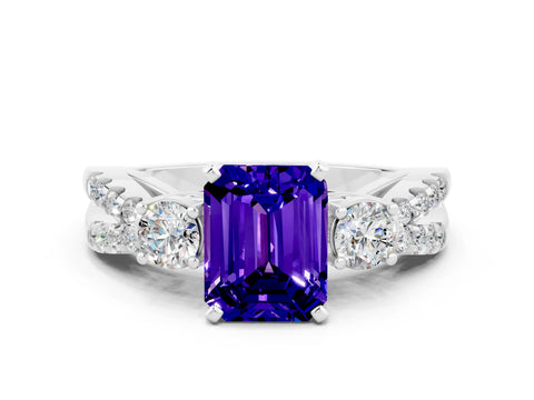White gold Emerald Cut Tanzanite Three-Stone Ring with Pavé Split Shank and Four-Prong Setting