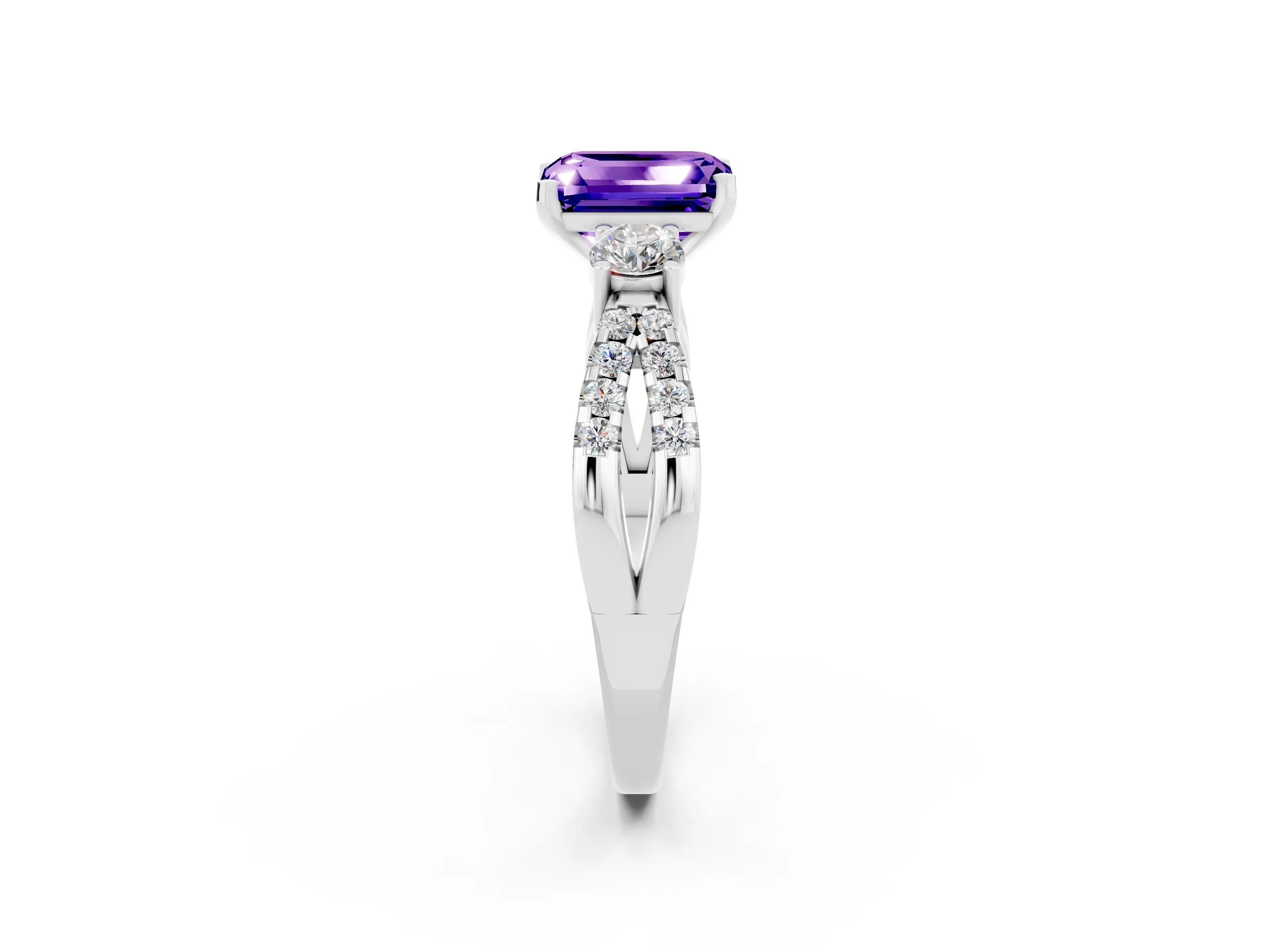White gold Emerald Cut Tanzanite Three-Stone Ring with Pavé Split Shank and Four-Prong Setting_2