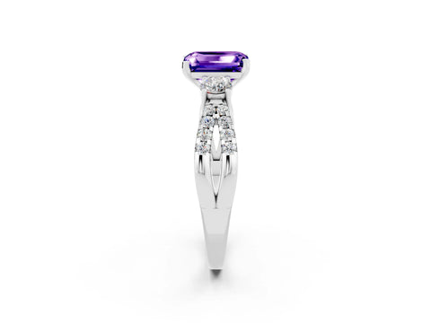 White gold Emerald Cut Tanzanite Three-Stone Ring with Pavé Split Shank and Four-Prong Setting_2