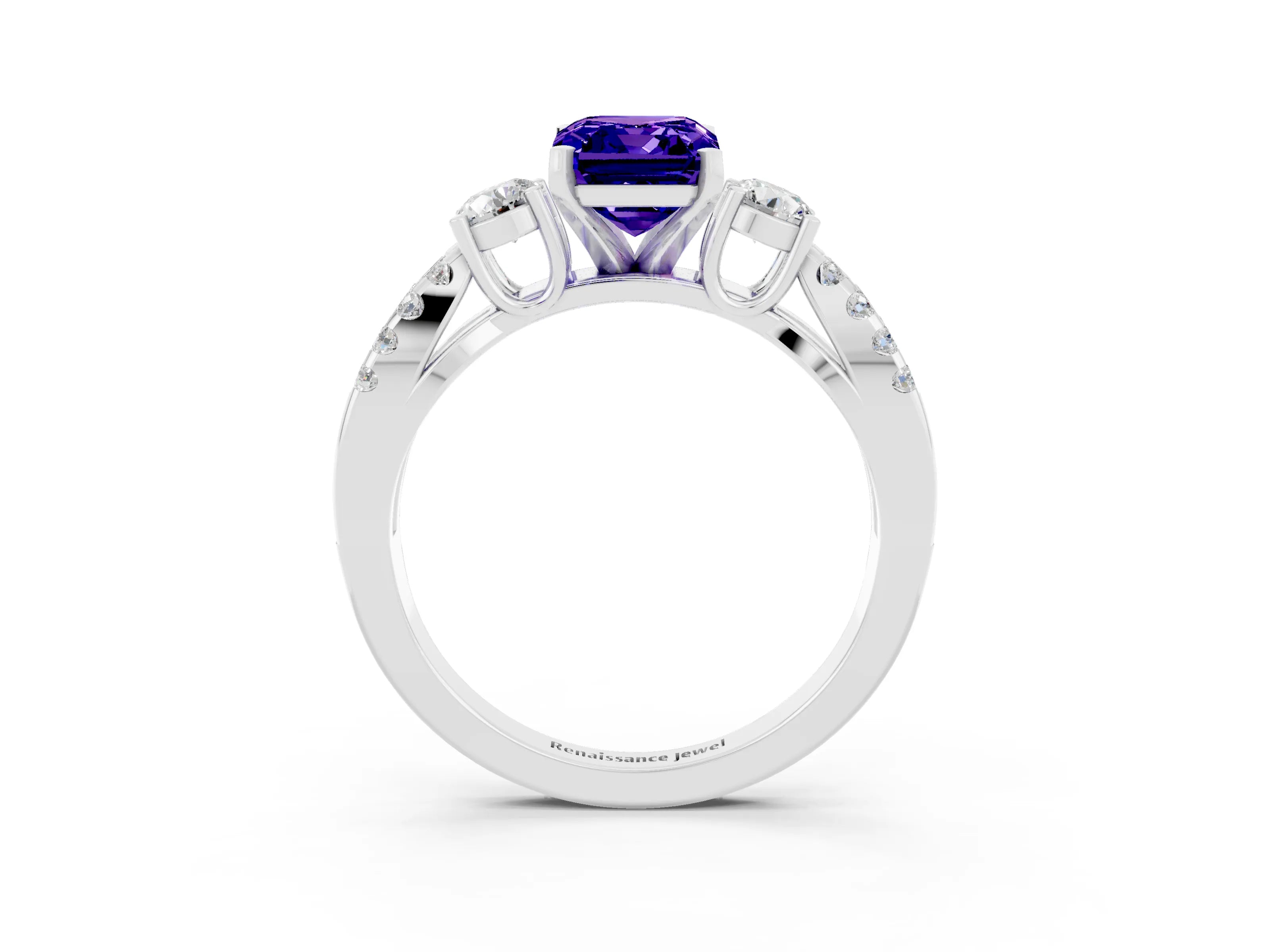 White gold Emerald Cut Tanzanite Three-Stone Ring with Pavé Split Shank and Four-Prong Setting_3