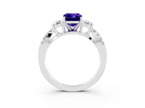White gold Emerald Cut Tanzanite Three-Stone Ring with Pavé Split Shank and Four-Prong Setting_3