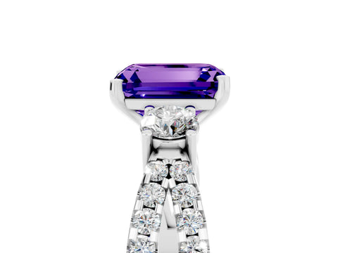 White gold Emerald Cut Tanzanite Three-Stone Ring with Pavé Split Shank and Four-Prong Setting_5