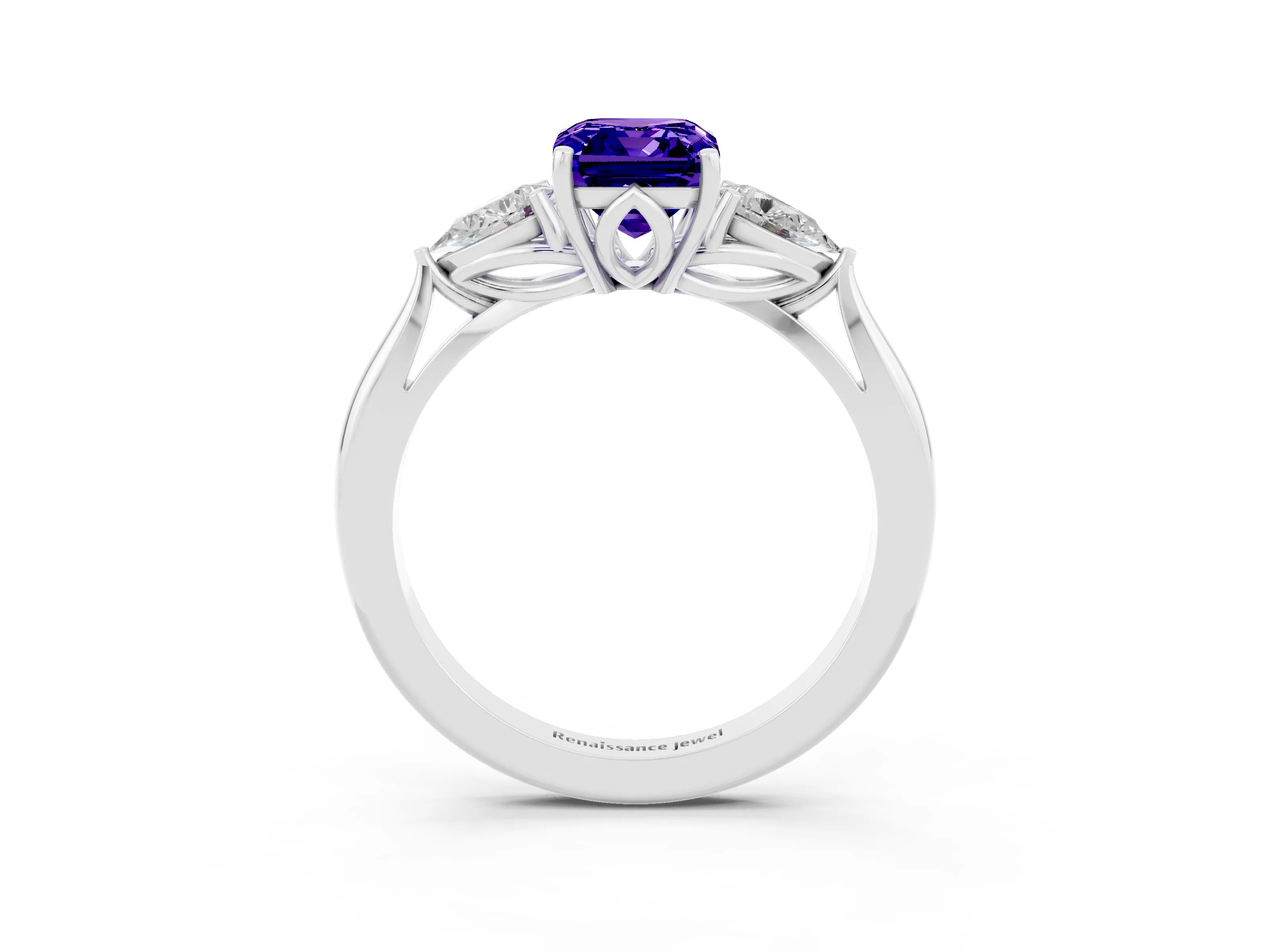 White gold Emerald Cut Tanzanite Three-Stone Ring with Pear Side Stones and Four-Prong Setting_33