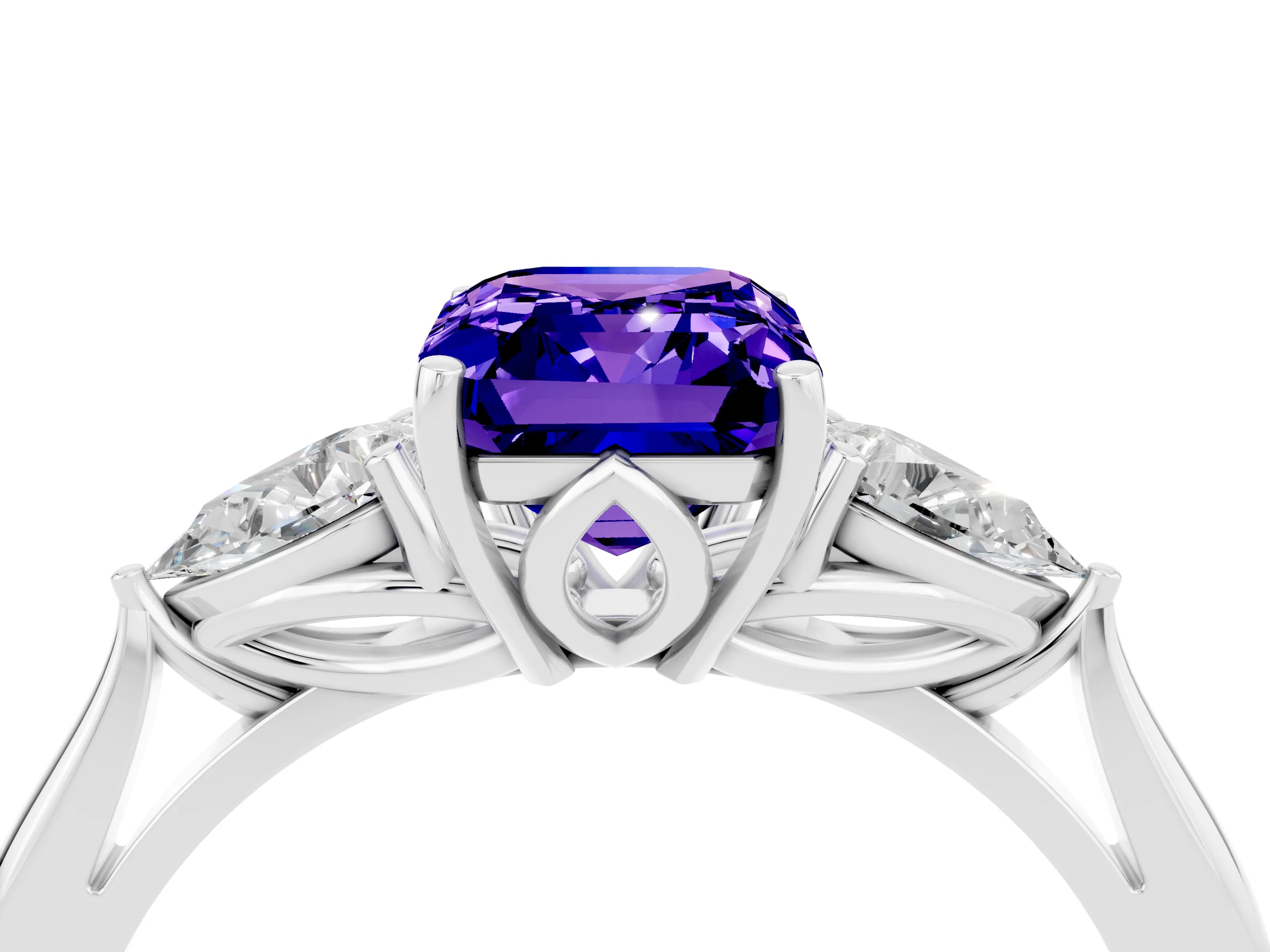 White gold Emerald Cut Tanzanite Three-Stone Ring with Pear Side Stones and Four-Prong Setting_34