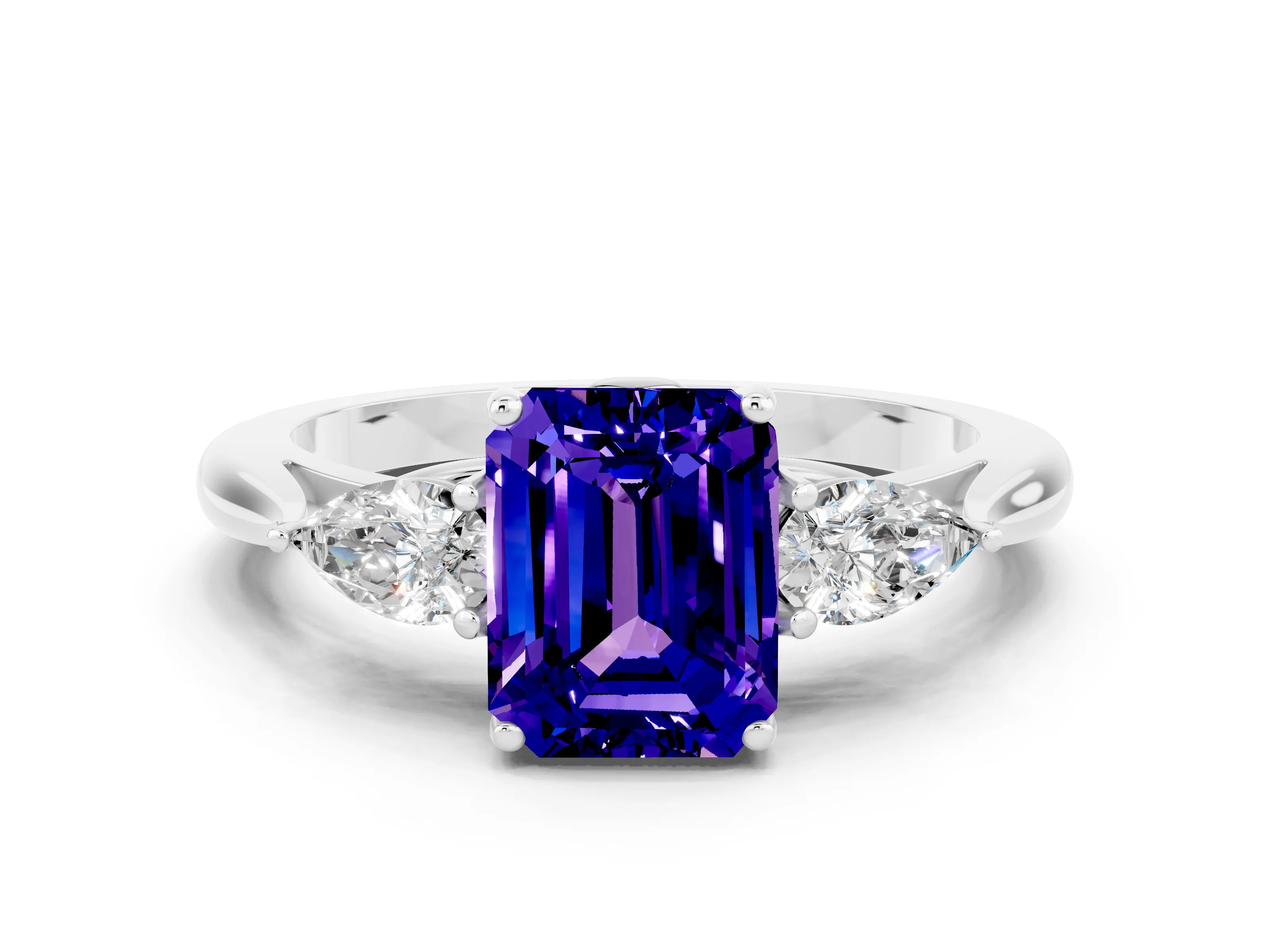 White gold Emerald Cut Tanzanite Three-Stone Ring with Pear Side Stones and Four-Prong Setting_36