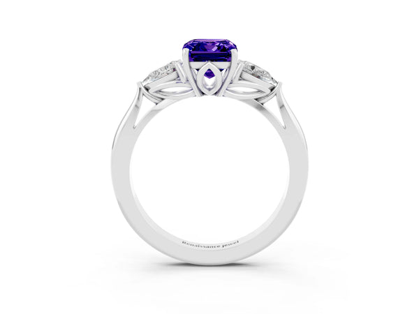 Platinum Emerald Cut Tanzanite Three-Stone Ring with Pear  Side Stones and Prong Setting
