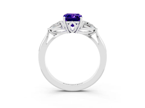White gold Emerald Cut Tanzanite Three-Stone Ring with Pear Side Stones and Four-Prong Setting_39