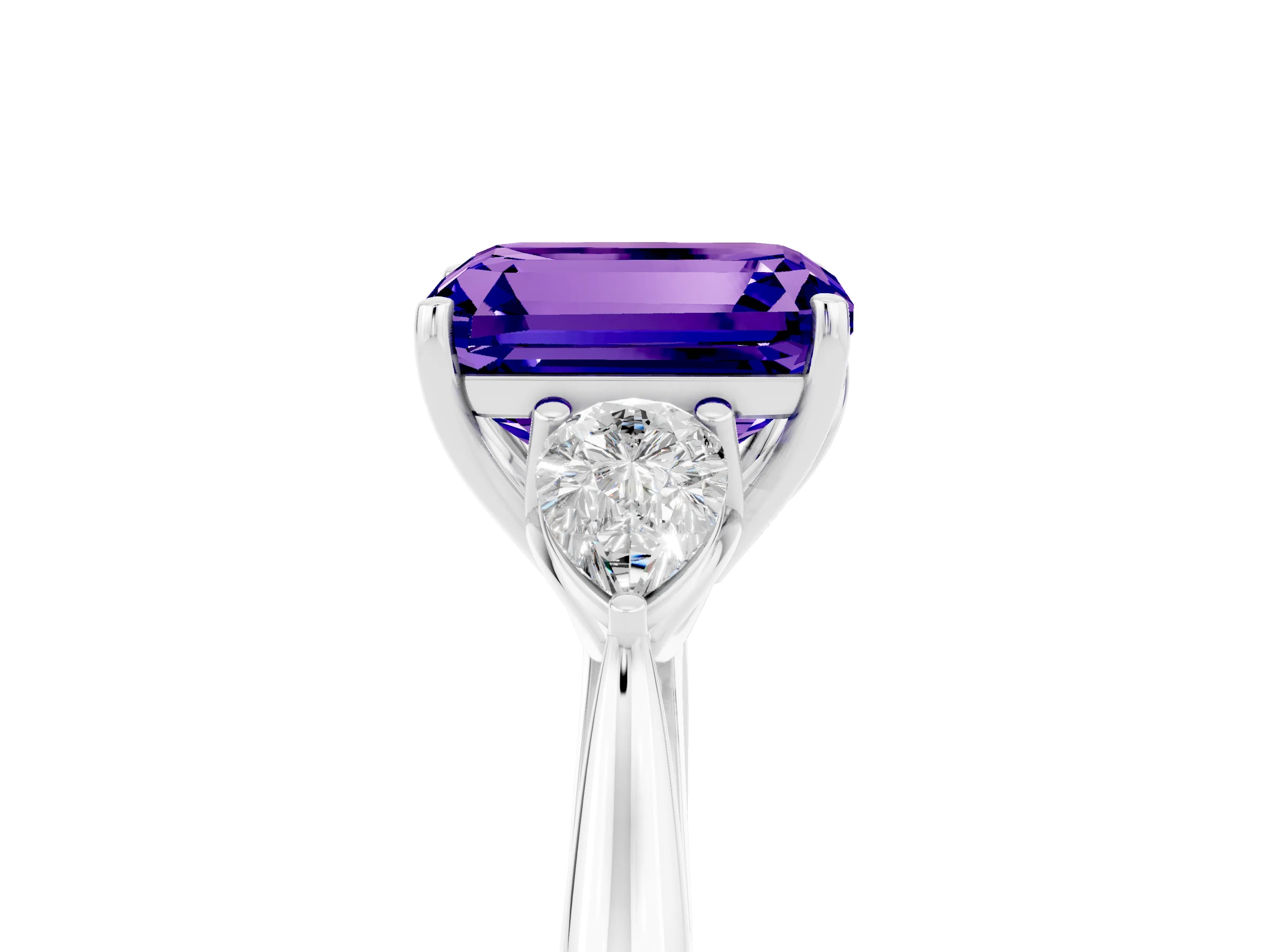 White gold Emerald Cut Tanzanite Three-Stone Ring with Pear Side Stones and Four-Prong Setting_41