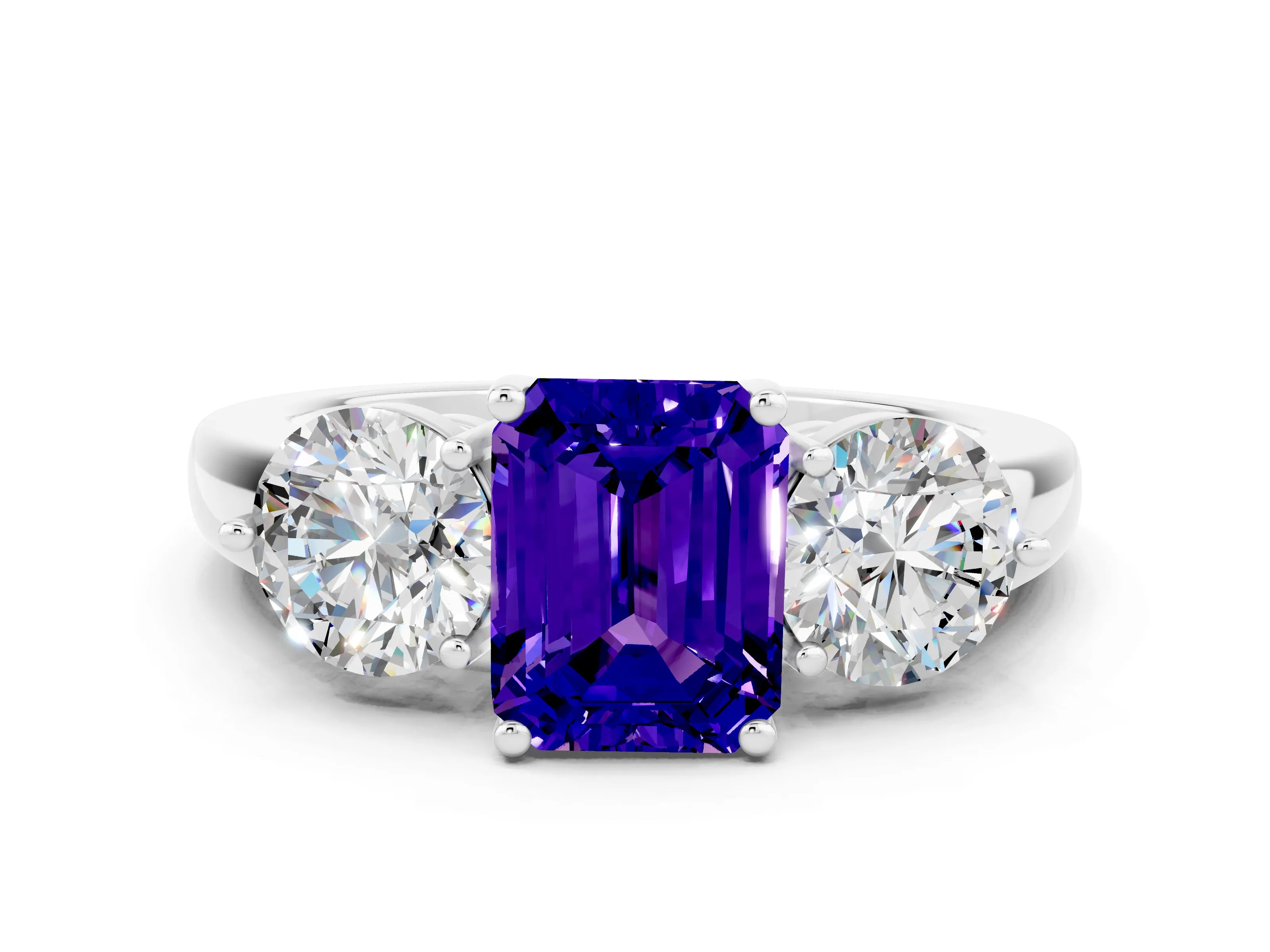 White gold Emerald Cut Tanzanite Three-Stone Ring with Prong Setting and Classic Band
