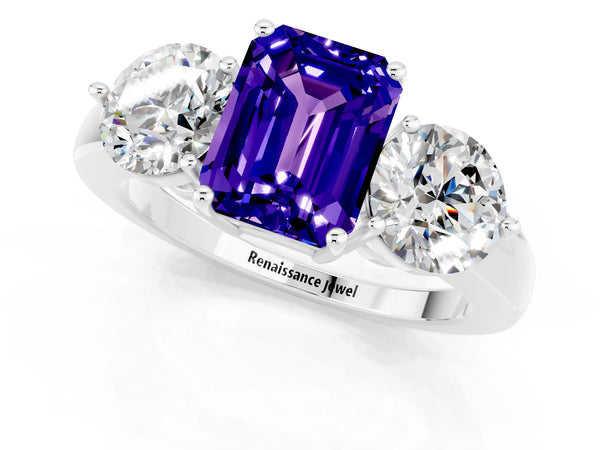 Silver Emerald Cut Tanzanite Three-Stone Ring with Prong Setting and Classic Band