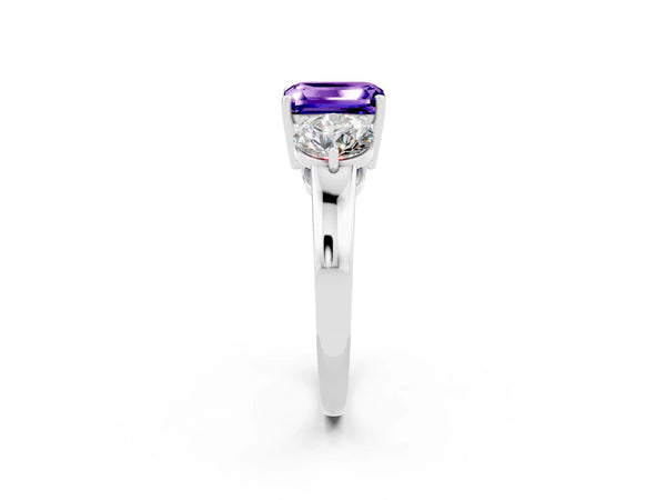 White gold Emerald Cut Tanzanite Three-Stone Ring with Prong Setting and Classic Band
