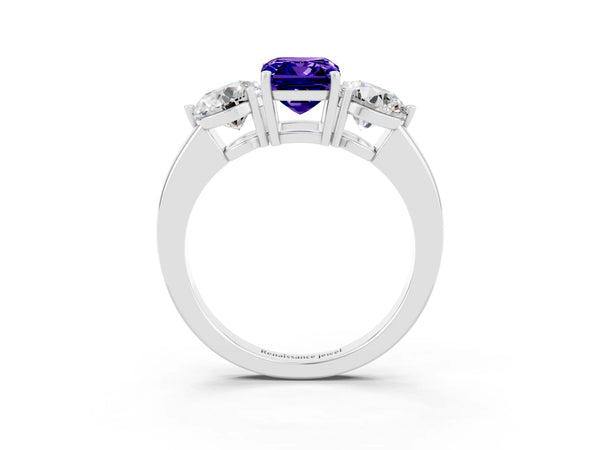 Platinum Emerald Cut Tanzanite Three-Stone Ring with Prong Setting and Classic Band