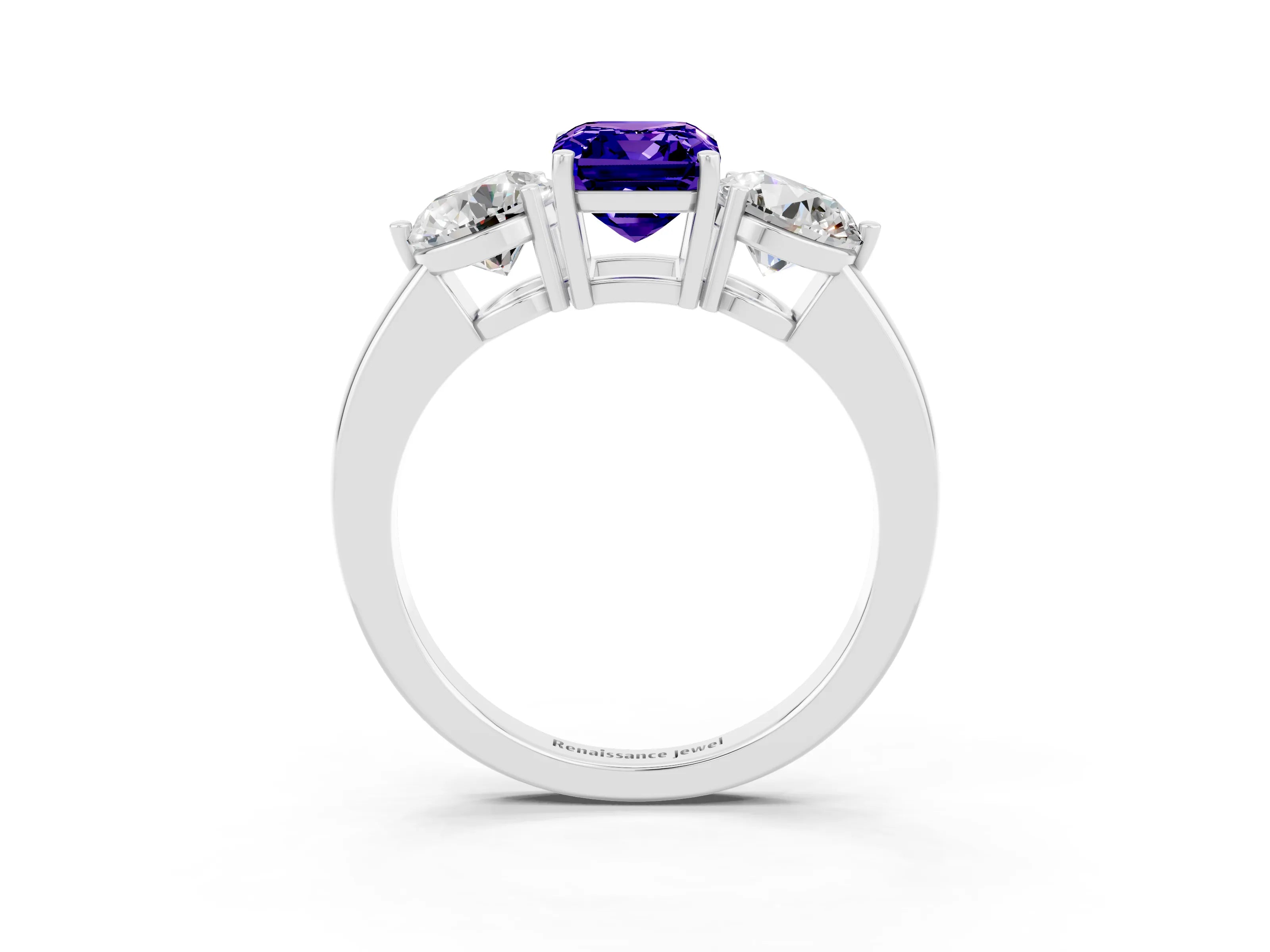 White gold Emerald Cut Tanzanite Three-Stone Ring with Prong Setting and Classic Band_3