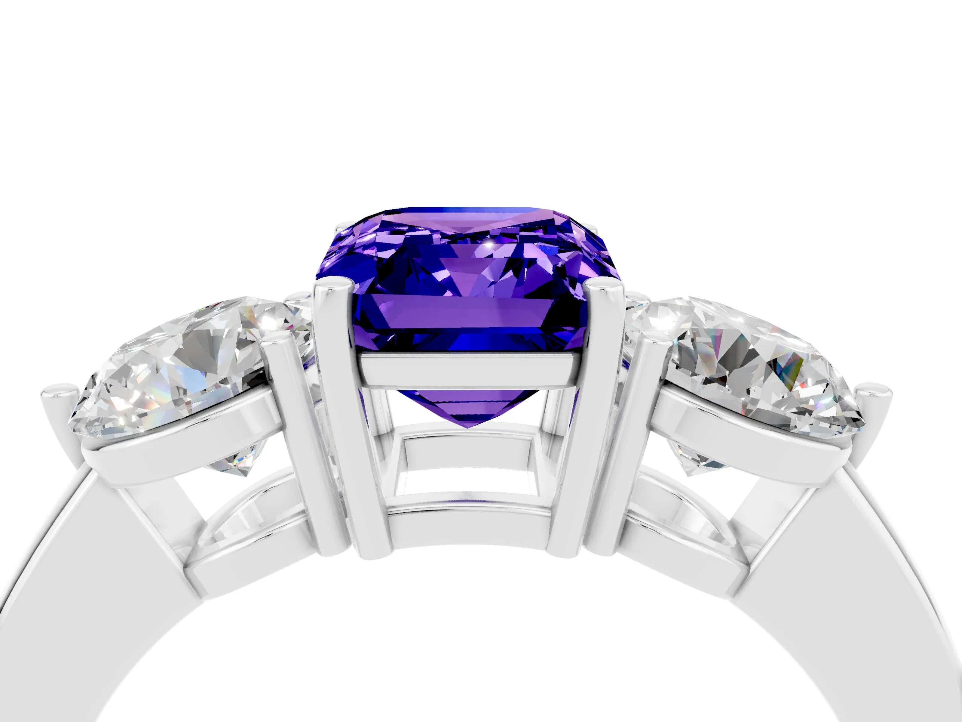 White gold Emerald Cut Tanzanite Three-Stone Ring with Prong Setting and Classic Band_4