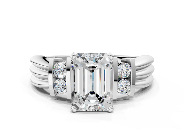 Platinum Emerald Cut Engagement Ring Setting with Bar-Set Round Accents and Grooved Band
