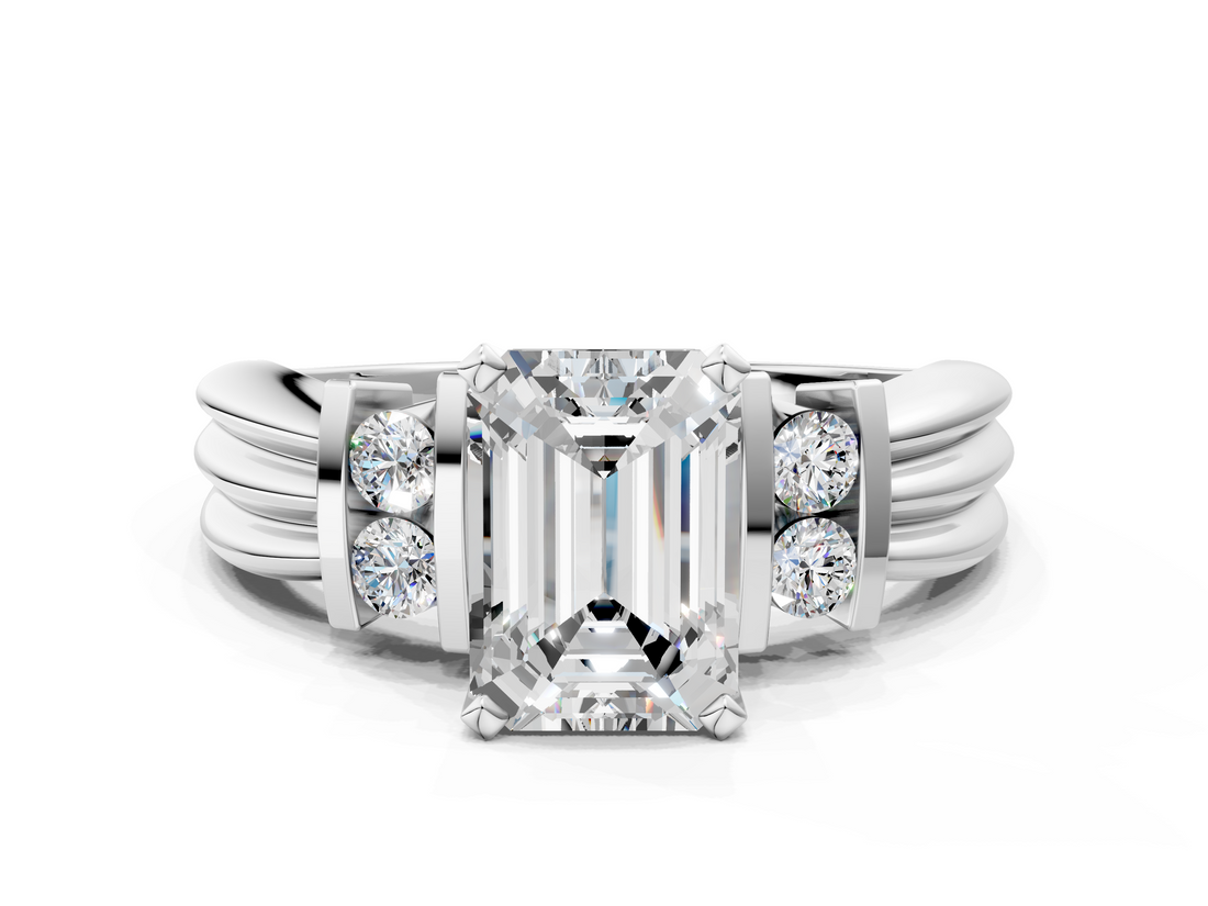 White gold Emerald Cut Three-Stone Channel Set Ring with Bar Prongs_114