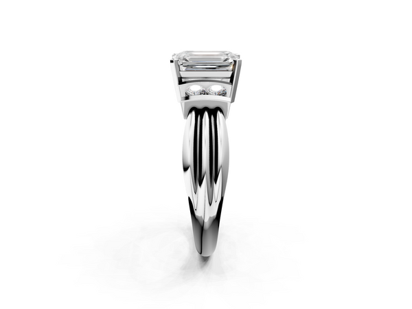 White Gold Emerald Cut Engagement Ring Setting with Bar-Set Round Accents and Grooved Band