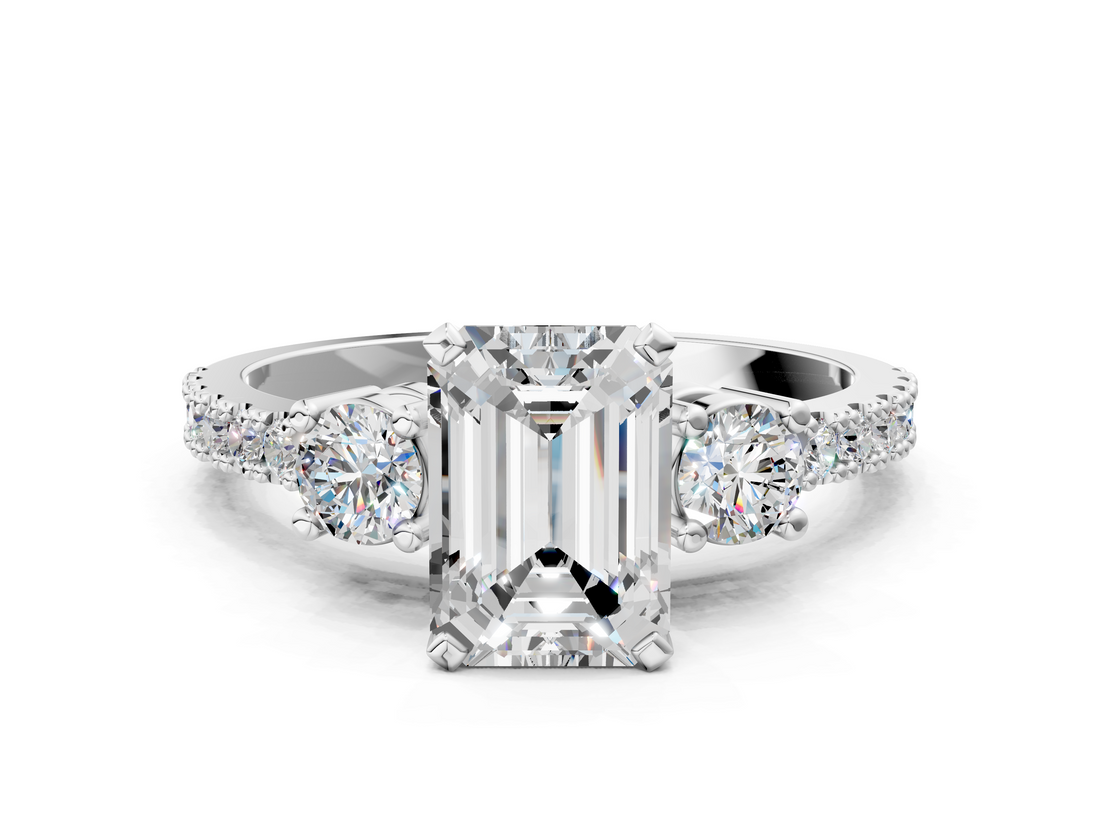 White gold Emerald Cut Three-Stone Diamond Pavé Band with Prong Setting_16