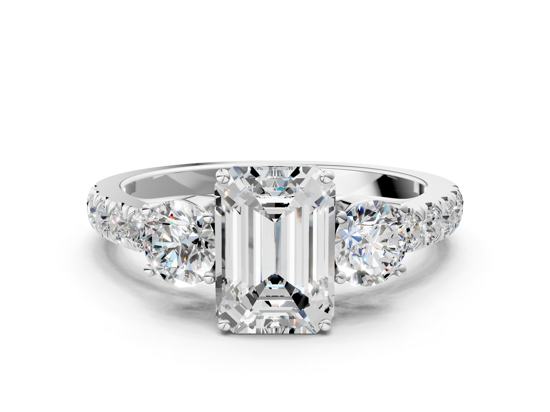 White gold Emerald Cut Three-Stone Diamond Pave Band with Prong Setting_106